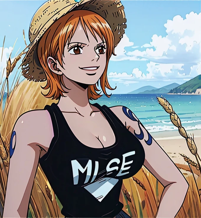 not nsfw (masterpiece, best quality, 4K, 8k,   high definition  , masterpiece:1.2),  super detailed, (Realistic, photoRealistic, photo-Realistic:1.37),    Pale Orange Hair  ,  dress, pale orange hair hidden in thick grass ,(wheat hat ), Beautiful Brown Eyes , Nami tattoo on left shoulder, beautiful lips,Beautiful lipstick,smile, looking at the camera, Big Breasts ,( white tank top),( black skirt),sea,Perfect body,Perfect means,Perfect body