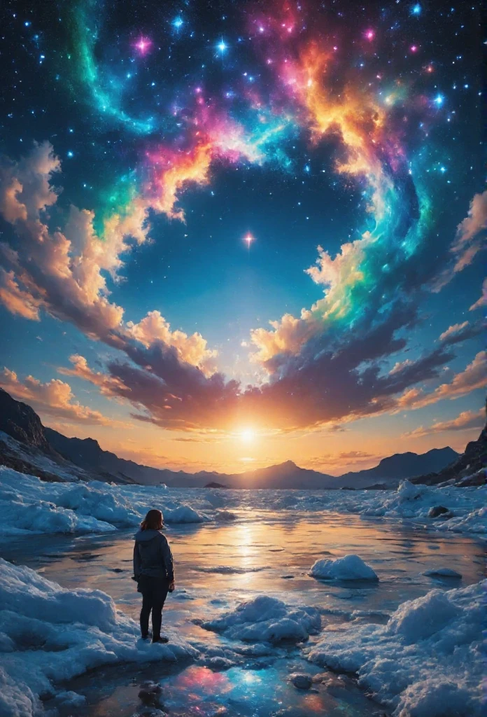 masterpiece, best quality, 8k, highres, ultra-detailed, HDR, UHD, ultra-fine painting, vast glacial landscape under a vivid aurora-filled sky, dancing lights in shades of green, purple, and red, serene and magical atmosphere, young girl standing on the ice, hands clasped in prayer, long flowing hair, warm winter clothing, faint glow from the aurora reflecting on the icy surface, distant figure walking toward her, tall silhouette, emotional and heartfelt reunion, celestial light beam descending from the aurora, ethereal and mystical mood, breathtaking starry sky, detailed icy textures with cracks and reflections, tranquil and unforgettable night scene