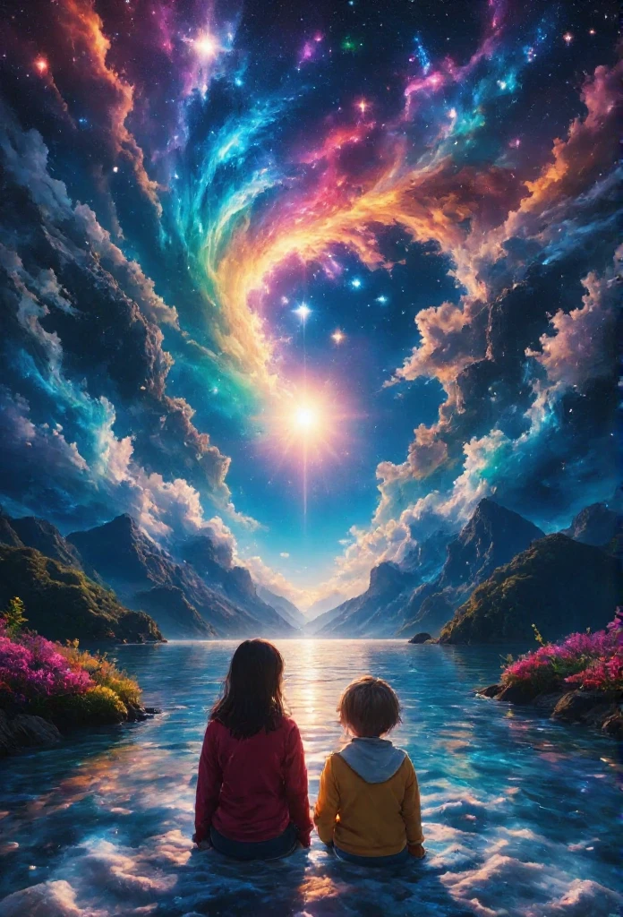 masterpiece, best quality, 8k, highres, ultra-detailed, HDR, UHD, ultra-fine painting, vast glacial landscape under a vivid aurora-filled sky, dancing lights in shades of green, purple, and red, serene and magical atmosphere, young girl standing on the ice, hands clasped in prayer, long flowing hair, warm winter clothing, faint glow from the aurora reflecting on the icy surface, distant figure walking toward her, tall silhouette, emotional and heartfelt reunion, celestial light beam descending from the aurora, ethereal and mystical mood, breathtaking starry sky, detailed icy textures with cracks and reflections, tranquil and unforgettable night scene