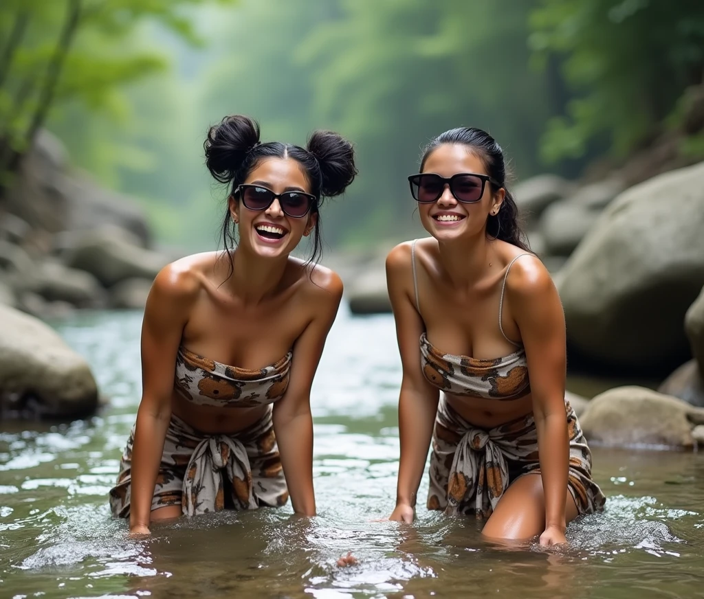 3 village girls were bathing while jokingly throwing their clothes into the river where the water was crystal clear