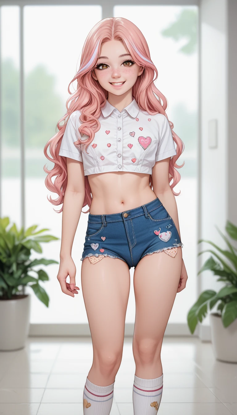 ((Anime style)), ((anime design)), (Cg anime style), ( Best Quality ), 1 girl, feminine curves, standing, hot body,  blond hair , long hair swept to the side:2,  fringed rods,  hair with pink highlights,  brown eyes ,  perfect eyes, freckles, cropped with ruffles ,  medium tits, frayed unbuttoned denim skirt,  (cute string panties), print_socks, thin, smile, masterpiece,  Anatomically Correct,  highres icon