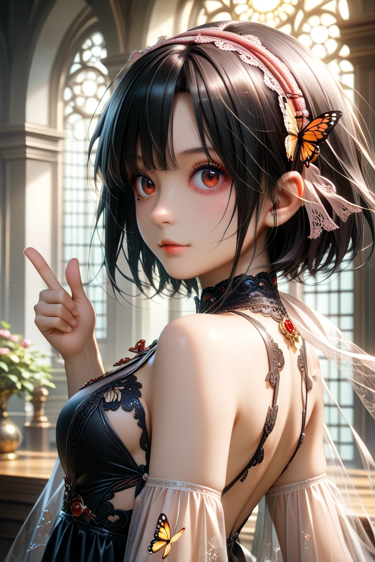 (CG unity 8 k wallpaper extremely detailed) ( Best quality) ( better lighting ) (an extremely delicate and Beautiful) (floating) (Beautiful) ( 1girl) ( short black hair ), (headband), (detailed and Beautiful Red eyes), ((very short black dress, черное lace underside), (lace), ((light sheer silk ))), (butterflies), (DOF), (volumetric light)  cinematic lighting,  Chromatic aberration , Sony FE GM,  Textured leather , thumbs up,  high definition , 8 k