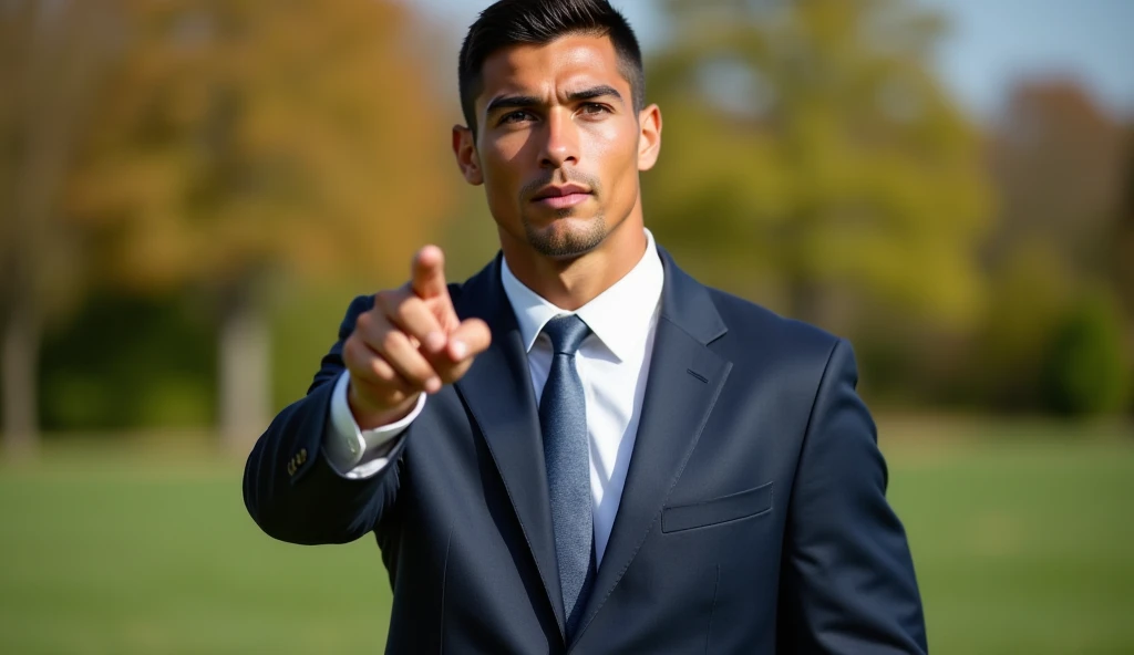 Full body portrait of Ronaldo in a suit, extremely detailed skin, pointing at viewer, in the park, shouting at viewer, blurred background.