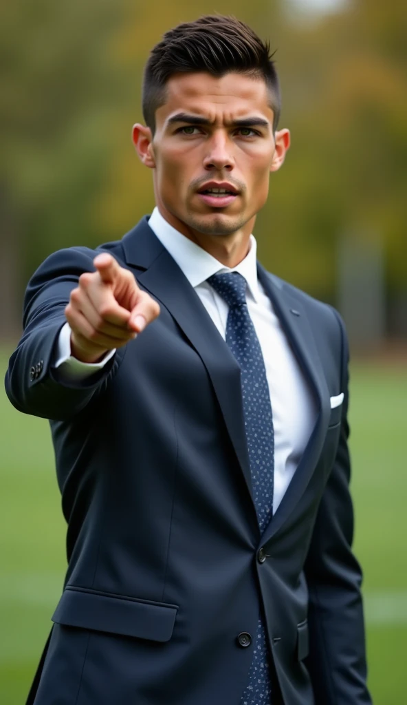 Full body portrait of Ronaldo in a suit, extremely detailed skin, pointing at viewer, in the park, shouting at viewer, blurred background.