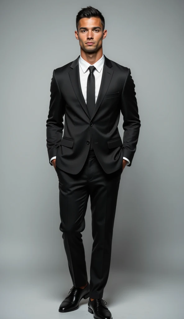 Ronaldo in a sleek black suit, standing upright, looking directly into the camera with a neutral or confident expression. Well-lit studio background, soft shadows, high-resolution focus on the face, symmetrical pose, no obstructions like glasses or hair covering the face, and minimal distractions in the background. Perfect for a face swap input.