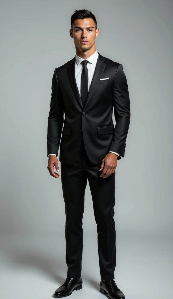 Ronaldo in a sleek black suit, standing upright, looking directly into the camera with a neutral or confident expression. Well-lit studio background, soft shadows, high-resolution focus on the face, symmetrical pose, no obstructions like glasses or hair covering the face, and minimal distractions in the background. Perfect for a face swap input.