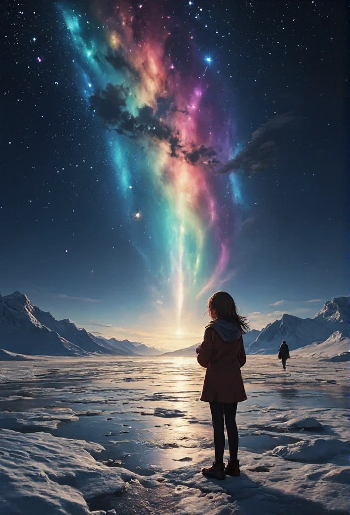 masterpiece, best quality, 8k, highres, ultra-detailed, HDR, UHD, ultra-fine painting, vast glacial landscape under a vivid aurora-filled sky, dancing lights in shades of green, purple, and red, serene and magical atmosphere, young girl standing on the ice, hands clasped in prayer, long flowing hair, warm winter clothing, faint glow from the aurora reflecting on the icy surface, distant figure walking toward her, tall silhouette, emotional and heartfelt reunion, celestial light beam descending from the aurora, ethereal and mystical mood, breathtaking starry sky, detailed icy textures with cracks and reflections, tranquil and unforgettable night scene