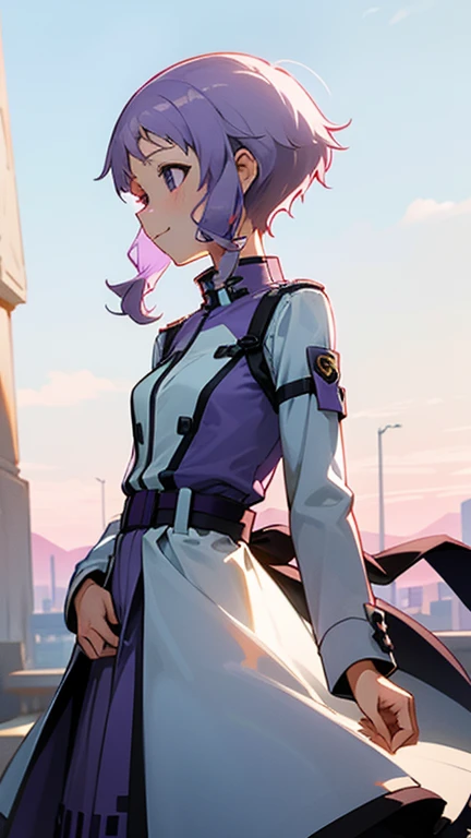  1 girl、18 years old、Skin Radiance、 Yuzuki Yukari 、smile、、 profile、Beautiful purple eyes、  light purple hair 、 short hair on the side of the uniform、 She's wearing a dress based on white and blue.、、 blue sky