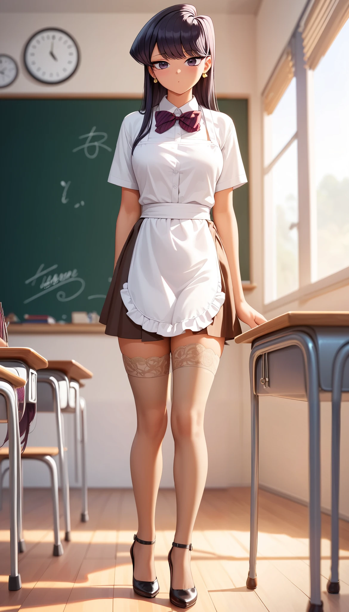 (Perfect Anatomy), Masterpiece, Ultra High Quality, 8k, masterpiece, Highest quality, Ultra-high resolution, Maximum resolution, Very detailed, Professional Lighting, anime, young female, 1 japanese 1 female, Komi Shuuko, thin teen, so beautiful, Highly detailed eye, Highly detailed face, Golden earrings, Ink Hair, Grey eyes, Straight bangs, full body, standing, (wearing a (brown short dress with lace white apron)), short brown dress, (classroom indoors theme), (tan stockings), (high heels), show her wet inner thighs