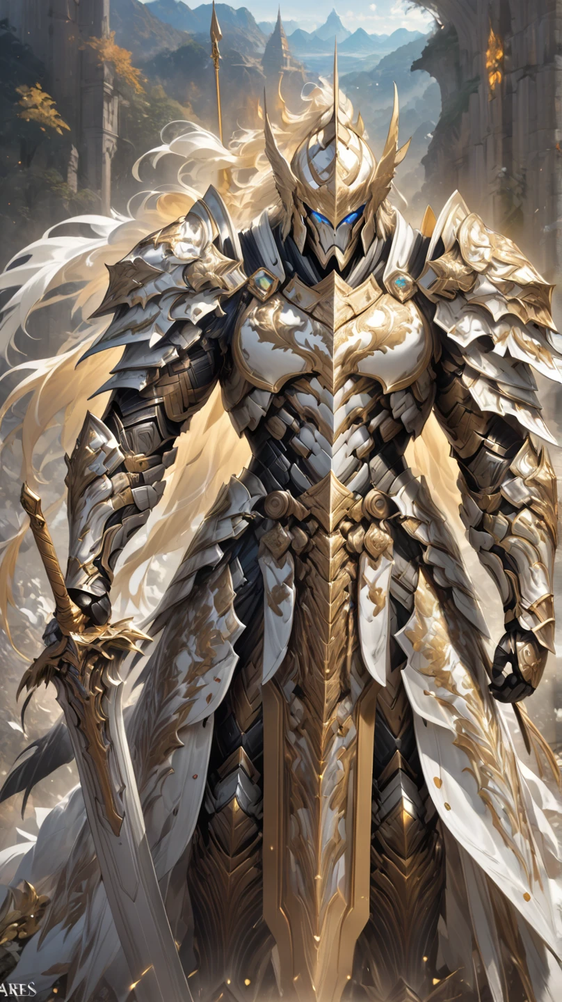  close-up：Wearing armor、Man holding a sword, Concept map，Created by Jeonseok Lee  ,  Artstation Contest Winner , Fantasy Art, Male Paladin, a human Male Paladin, Ares, Wears Heavy Full Body Armor and Sword, Fantasy Paladin,  Strong Fantasy Knight ,  Heavy White and Gold Armor , Armored Warrior , From Pathfinder , Epic Paladin Armor , Knight in armor.Full body picture
