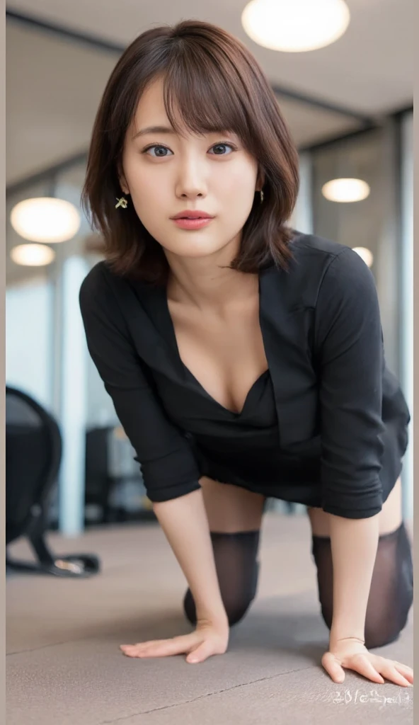 masutepiece, Best Quality, Photorealsitic, finely detail, hight resolution,beautiful japanese woman,beautiful detailed eyes, beautiful detailed lips, extremely detailed face, small head, small areola, cinematic lighting, photorealistic, 8k, high quality, hyper detailed, (looking at viewer:1.3),smile,(dress shirt),(pencil skirt),(short hair:1.2),(random location),(medium breasts:1.2),(inoueseika),slender,beautifull legs,(cleavage:1.3),(sexy posing),mini skirt, (bokeh:1.3) (black pantyhose:1.2),(office lady:1.4),(all fours:1.3)