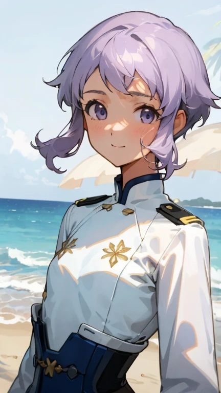 １、Alone、18 years old、 small breasts、 slim figure、smile、  light purple hair 、 short hair on the side of the uniform、( hair between eyes)、（ ethnic pattern on white blouse shirt:1.2）、 upper body close-up、 beach scenery  、 soft lighting 、summer mood 、 upper body close-up