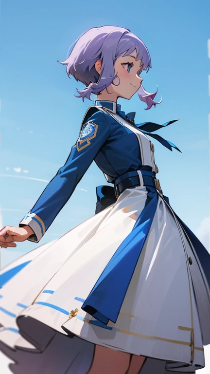  1 girl、Skin Radiance、、smile、、 profile、Beautiful purple eyes、  light purple hair 、 short hair on the side of the uniform、 She's wearing a dress based on white and blue.、、 blue sky