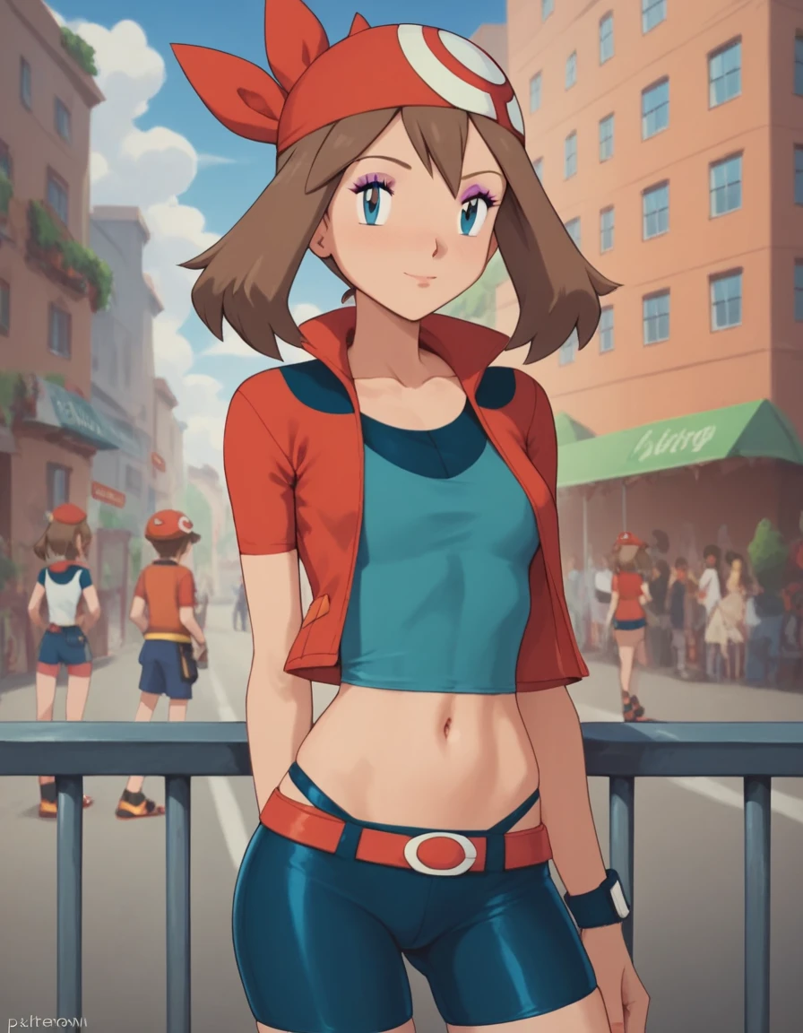 ((sexy girl ,young)) ,nsfw, glamorous, slender, may, pokemon trainer, young girl, prostitute, slutty, prostitute outfit, makeup, eyeshadow, city,