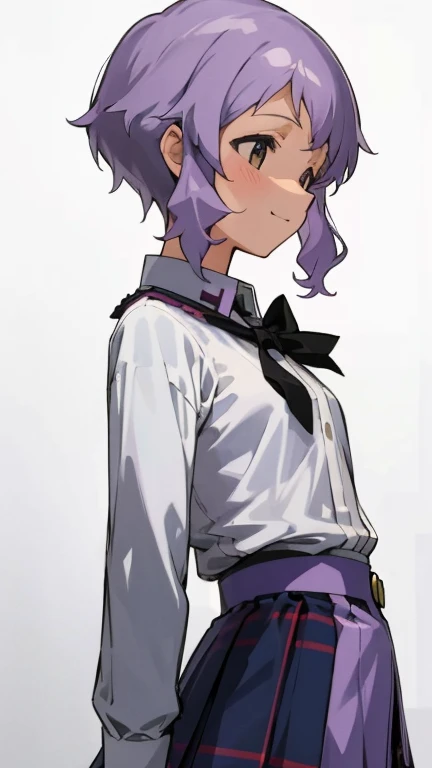 Genki Girl、Alone、 Yuzuki Yukari 、18 years old、 small breasts、smile、、 profile、  light purple hair 、 short hair on the side of the uniform、( hair between eyes)、（ white blouse shirt :1.2、 tartan plaid skirt ）、 upper body close-up、 After school classes