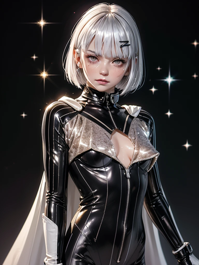 1girl, ((pale white skin)), glowing silver glitter, (((glitter on cheeks))), white hair, white bob, blunt bangs, (grey eyes), bored expression, cybernetic hair clips, ((dark pinstripe bodysuit)), flat chest, small breasts, large black sci-fi cape, raised collar, electrified gloves, lightning gloves, belts, greenscreen background, blank background
