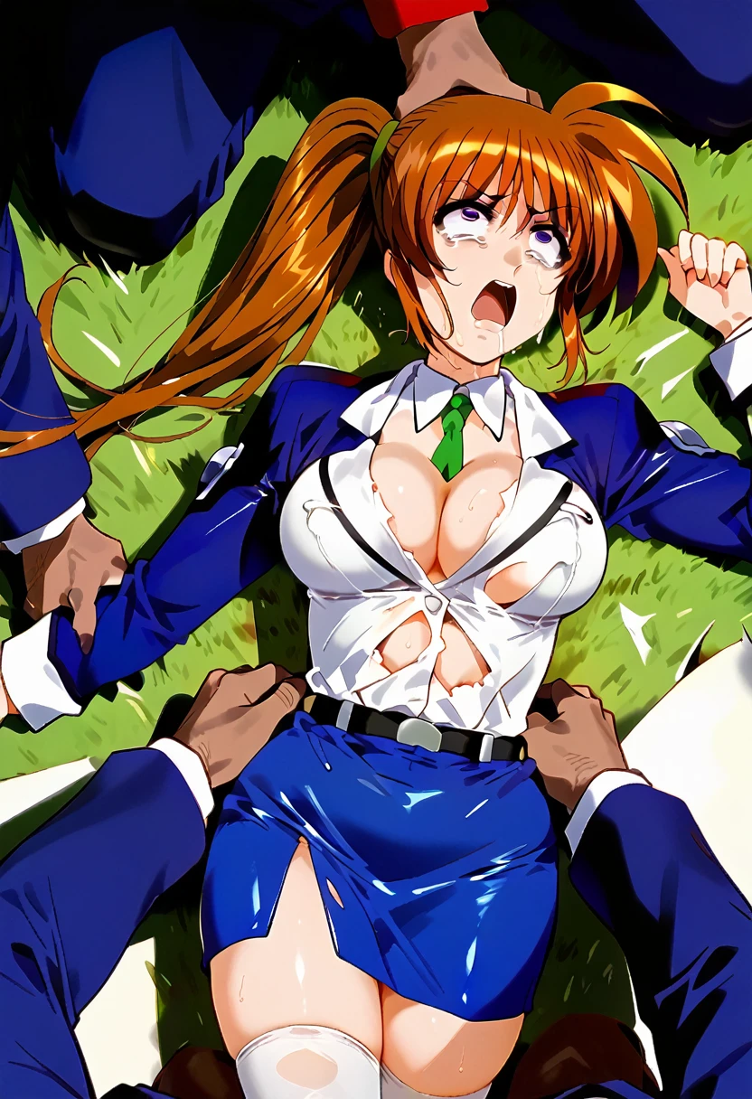 score_9, score_8_up, score_7_up, score_6_up, score_5_up, score_4_up, BREAK uncensored, official art, official style,anime_screencap , anime coloring ,dbj , qqx, cch, zjw , 1girl ,takamachi nanoha,long hair,brown hair,purple eyes ,side ponytail , large breasts,military uniform,pencil skirt,blue skirt,white thighhighs,long sleeves ,(rape:1.9), scream, sweat, gleaming skin, abrasion, graze, torn clothes, nipple