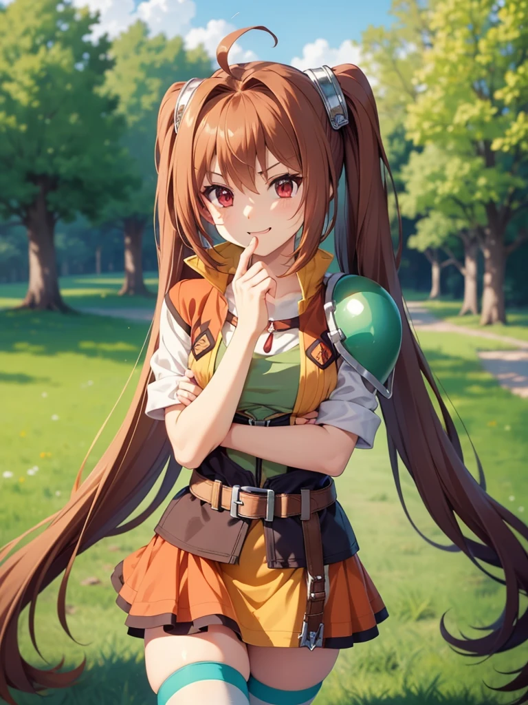 (masutepiece, Best Quality, hight resolution, nffsw, Perfect Pixel, depth of fields, 4K), Beautiful anime girl, Perfect body ,,,scEstelle, cropped jacket, green shoulder pad, tan shirt, orange skirt, belt, white thighhighs, (Chin resting on hand) (blank stare), smile , open the mouth, upper body