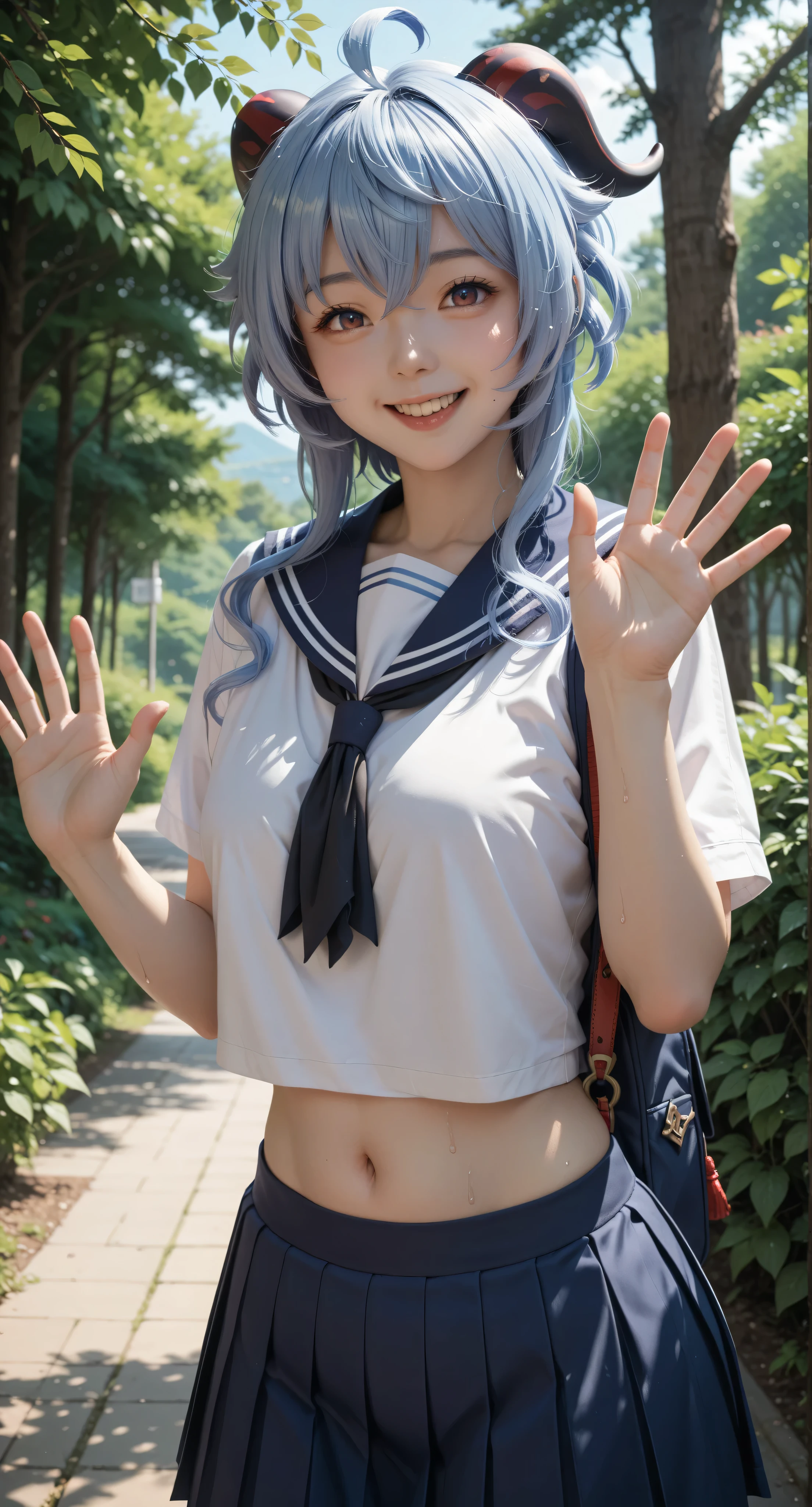 score_9, score_8_up, score_7_up, japanese girl, waving hand, Ganyu Genshin impact, school uniform, serafuku, crop top, navel, sweat, summer, looking at viewer, smile, happy, outdoors , blue sky, tree, dappled sunlight, sunlight
