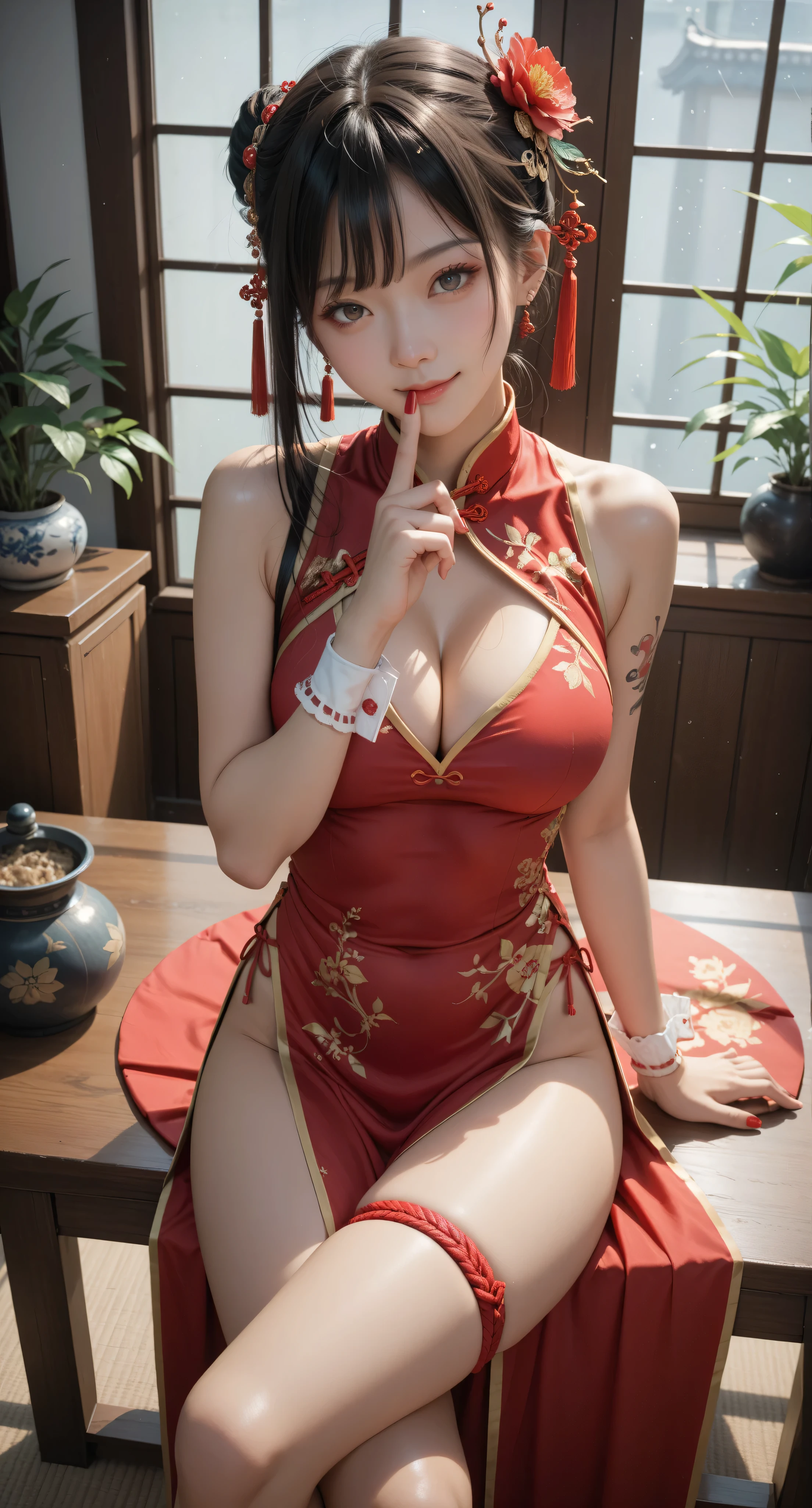 score_9, score_8_up, score_7_up, 1girl, lingsha, hair ornament, red limbs, china dress, sleeveless, cleavage cutout, single wrist cuff, leg tattoo, thigh strap, smile, closed mouth, sitting, crossed legs, finger to mouth, indoors, from above
