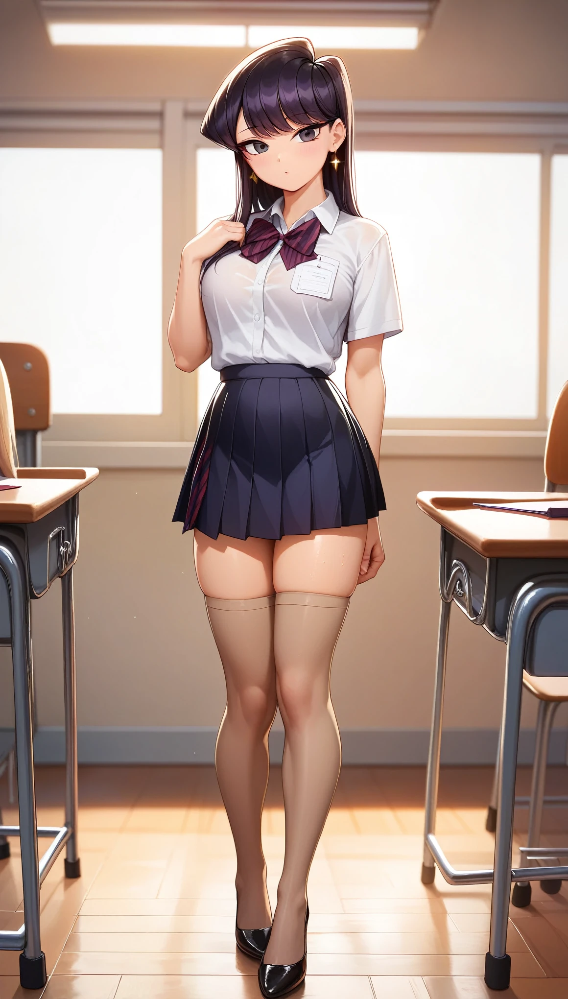 (Perfect Anatomy), Masterpiece, Ultra High Quality, 8k, masterpiece, Highest quality, Ultra-high resolution, Maximum resolution, Very detailed, Professional Lighting, anime, young female, 1 japanese 1 female, Komi Shuuko, thin teen, so beautiful, Highly detailed eye, Highly detailed face, Golden earrings, Ink Hair, Grey eyes, Straight bangs, full body, standing, (wearing a (brown short shirt, leather pleated skirt), (classroom indoors theme), (tan stockings), (high heels), show her wet inner thighs