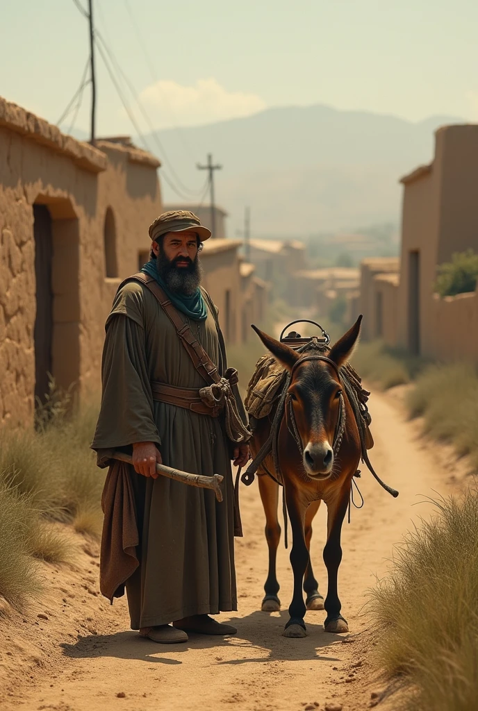 An Arab is in the street, he is holding a big broom in his hand and is cleaning the street, a donkey is standing next to him with his mouth open and laughing at him