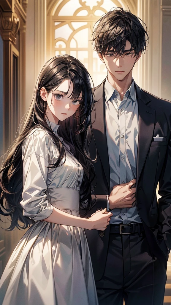 masterpiece, best quality, {best quality}, {{masterpiece}}, {high resolution}, focus, anime style, girls design, portrait, anime image, , Looking directly at, hair covering ears, Polished and powerful look,, Romantic outfits, rich and colorful, 颜色 The woman sits on the man's lap,8k,bob cut,brown hair woman,camisole dress,bangs,perfect eyes,look at the camera,ku dou shin i chi,haibara ai