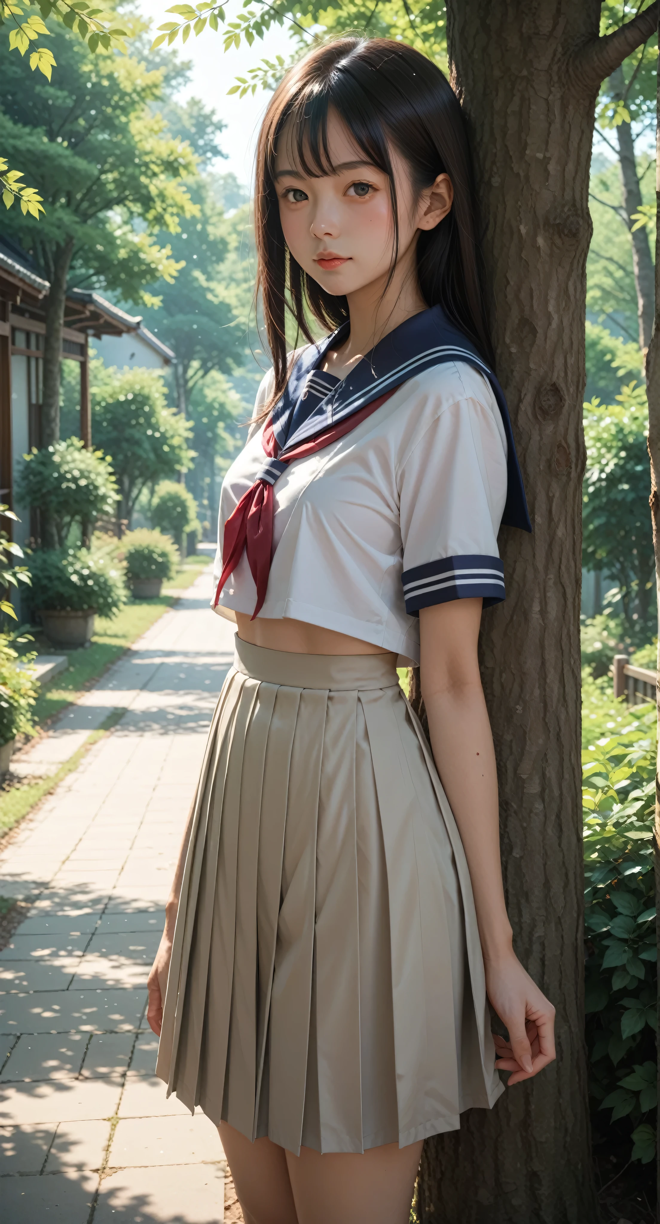 score_9, score_8_up, score_7_up, japanese girl, school uniform, serafuku, looking at viewer, outdoors , blue sky, tree, dappled sunlight, sunlight
