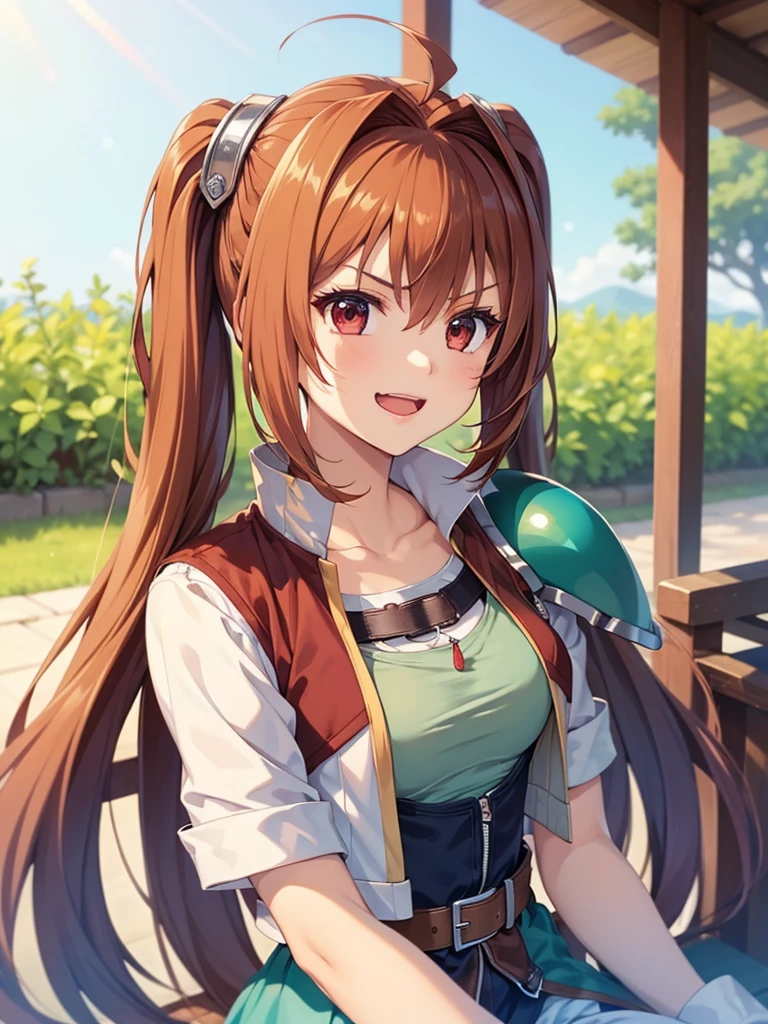 (masutepiece, Best Quality, hight resolution, nffsw, Perfect Pixel, depth of fields, 4K), Beautiful anime girl, Perfect body ,,,scEstelle, cropped jacket, green shoulder pad, tan shirt, (Chin resting on hand) (blank stare), smile , open the mouth, upper body, sitting