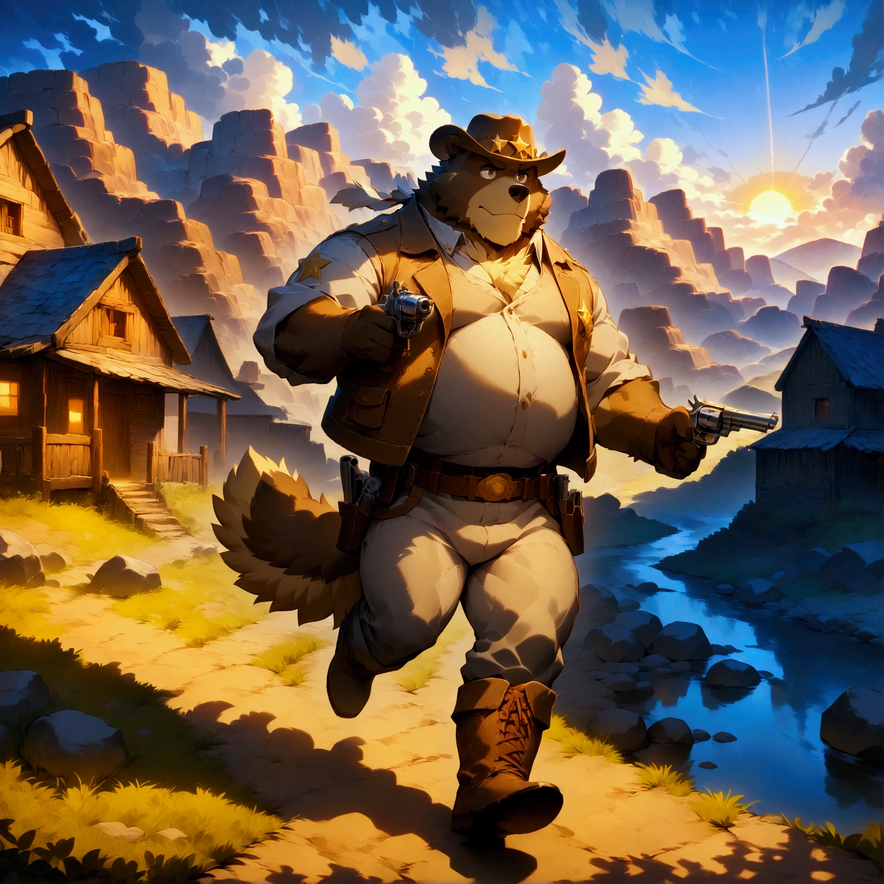 character focus, full body, looking away, dynamic angle, sheriff's, a musclegut middle-aged clothing western bear man, sheriff's hat, pistol, revolver holster, costume, jacket, shirt, half pants, boots, rushing wind, gun duel, dynamic pose, BREAK full body in Michelangelo Buonarroti style, housamo style, digital illustration anime, detailed painting landscape, evening sun, western village, path, a tumbleweed rolling across a desert landscape, full color, HDR, BREAK complete anatomy, perfect proportions, beautiful thigh gap, fluffy body, intricate fur details, beautiful fur texture, BREAK detailed bear 1tail, detailed boots, beautiful foot, detailed hands, 5fingers, 5fingers nails, BREAK aesthetic anime face, insanity detailed face, male face, big face, square jawline, aesthetic anime eyes, detailed brown eyes, detailed brown cornea, detailed dark brown irises, detailed pupils, male eyes, big eyes, male eyebrows, innocent look, beautiful beard, BREAK masterpiece, official art, best quality, very aesthetic, absurdres, super fine illustration, great quality, BREAK noise reduction, very highres, large filesize, high quality, 32K, 8k wallpaper, dynamic lighting, BREAK insanity detailed, ultra detailed, intricate details, extremely detailed, detailed texture, an extremely delicate and beautiful, full color, HDR, BREAK e621 illustration, osukemo, kemohomo, anthropomorphic, furry, cartoon, harmonious eyes, pastoral face, virtuous body, western atmosphere 