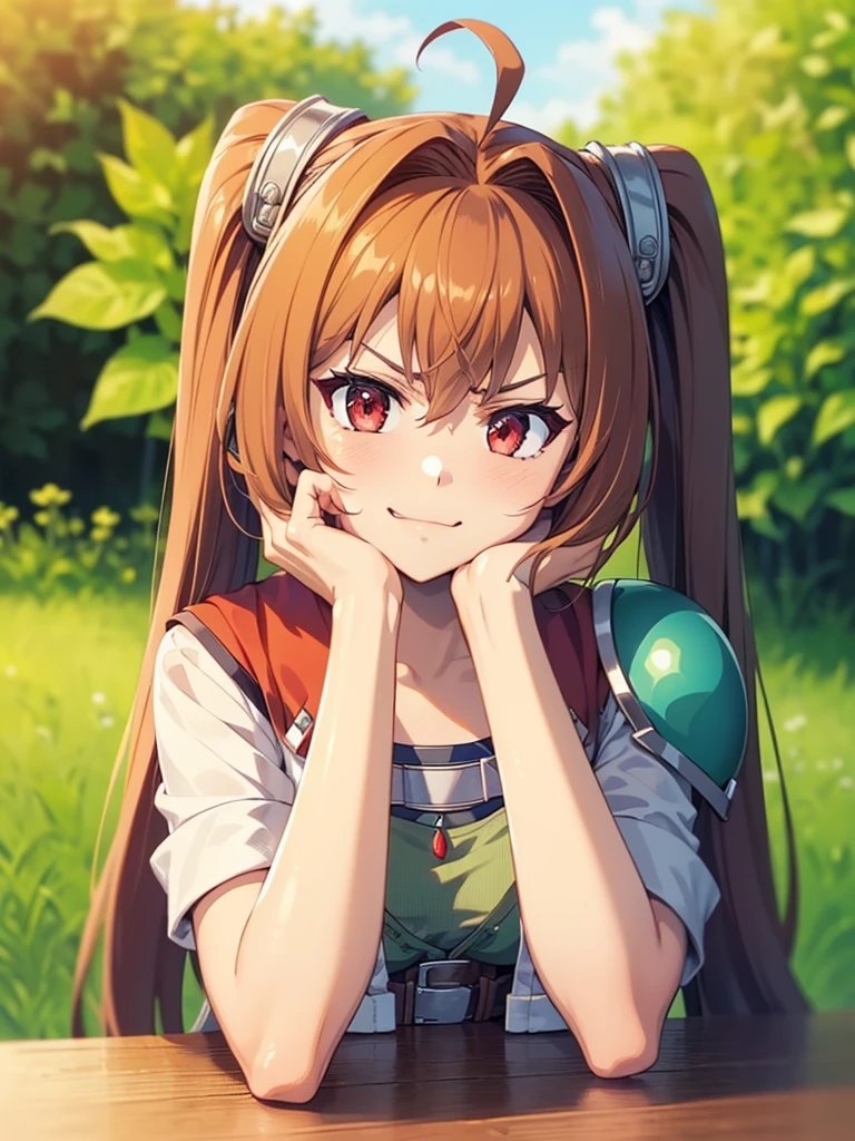 (masutepiece, Best Quality, hight resolution, nffsw, Perfect Pixel, depth of fields, 4K), Beautiful anime girl, Perfect body ,,,scEstelle, cropped jacket, green shoulder pad, tan shirt, (Chin resting on hand:1.4) (blank stare:1.4), smile , open the mouth, upper body, sitting