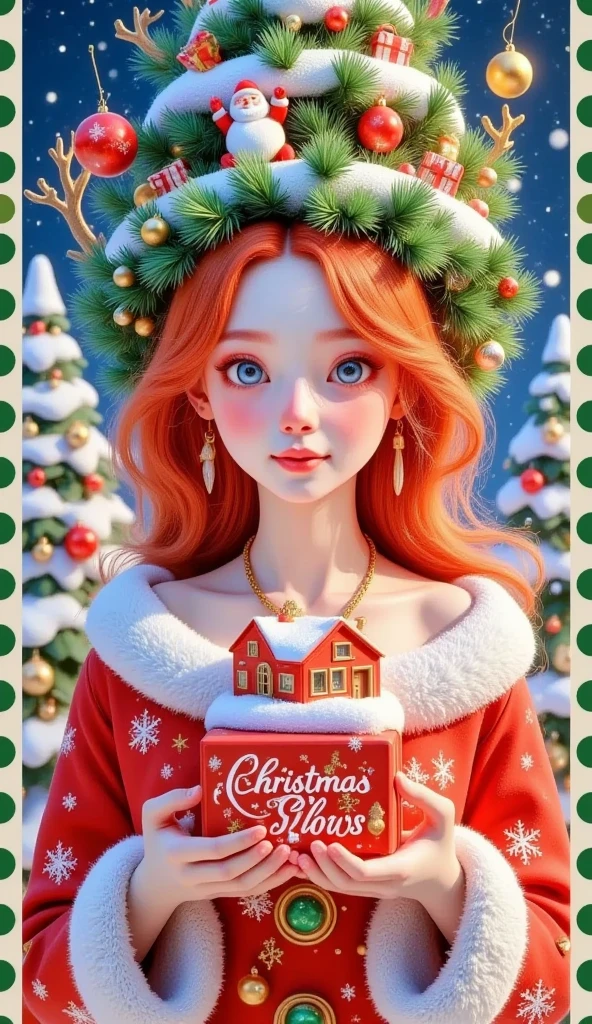 stamps： A beautiful girl is holding a beautiful gift in front of a Christmas letter ，(((The box says Christmas glows )))。 Hair is decorated with gifts +Christmas tree+Hut+Gingerbread Man。  beautiful face， skin details ，Official illustrations