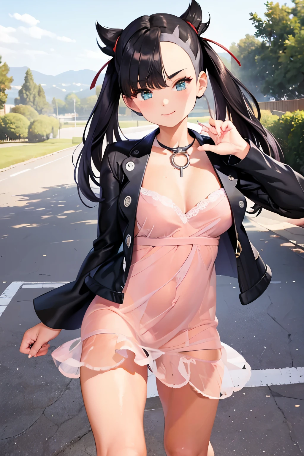 ((masterpiece,best quality)), absurdres, marnie, aqua eyes, black choker, red ribbon, pink dress, jewelry, black jacket, open clothes, long sleeves,  solo, smiling, looking at viewer, cowboy shot,  cinematic composition,  contrapposto, large breasts, lac3cut0ut, see-through, dress, lace dress, short dress, strapless dress, ed, see-through dress