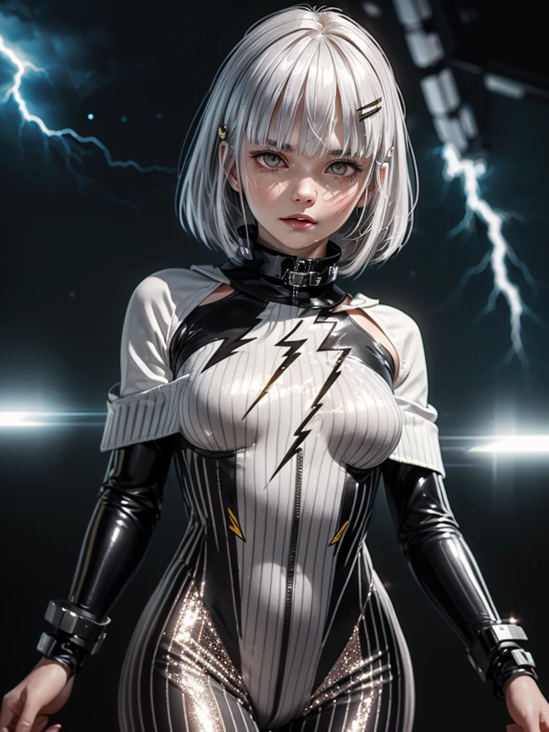 1girl, ((pale white skin)), glowing silver glitter, (((glitter on cheeks))), white hair, white bob, blunt bangs, (grey eyes), bored expression, cybernetic hair clips, ((dark pinstripe bodysuit)), flat chest, small breasts, large ((black sci-fi poncho)), ((gigantic collar, collar over face)), ((lightning hands)), belts, greenscreen background, blank background
