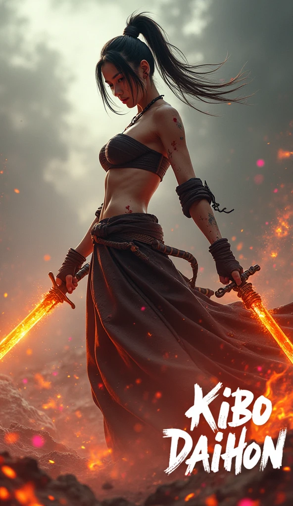 A cinematic image of Kibo Daihon, the demon female warrior, stands at the edge of a turbulent sky, her dark hair tied in a high ponytail framing her face amidst flames and smoke. Her sexy muscular body, covered in scars, wears a tattered kimono with bloodstains and spots. A fiery orange and yellow sword glows in her right hand, while a futuristic long sword fills both hands. Orange, red, and pink flames swirl around her feet, conveying chaos. In the lower right corner, white handwriting reads Kibo Daihon diagonally arranged, evoking movement and power as she soars from lower left to upper right.,Flux,women,perfect