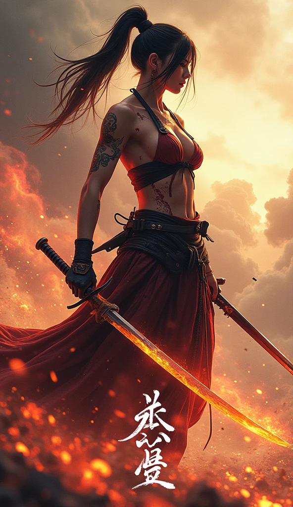 A cinematic image of Kibo Daihon, the demon female warrior, stands at the edge of a turbulent sky, her dark hair tied in a high ponytail framing her face amidst flames and smoke. Her sexy muscular body, covered in scars, wears a tattered kimono with bloodstains and spots. A fiery orange and yellow sword glows in her right hand, while a futuristic long sword fills both hands. Orange, red, and pink flames swirl around her feet, conveying chaos. In the lower right corner, white handwriting reads Kibo Daihon diagonally arranged, evoking movement and power as she soars from lower left to upper right.,Flux,women,perfect