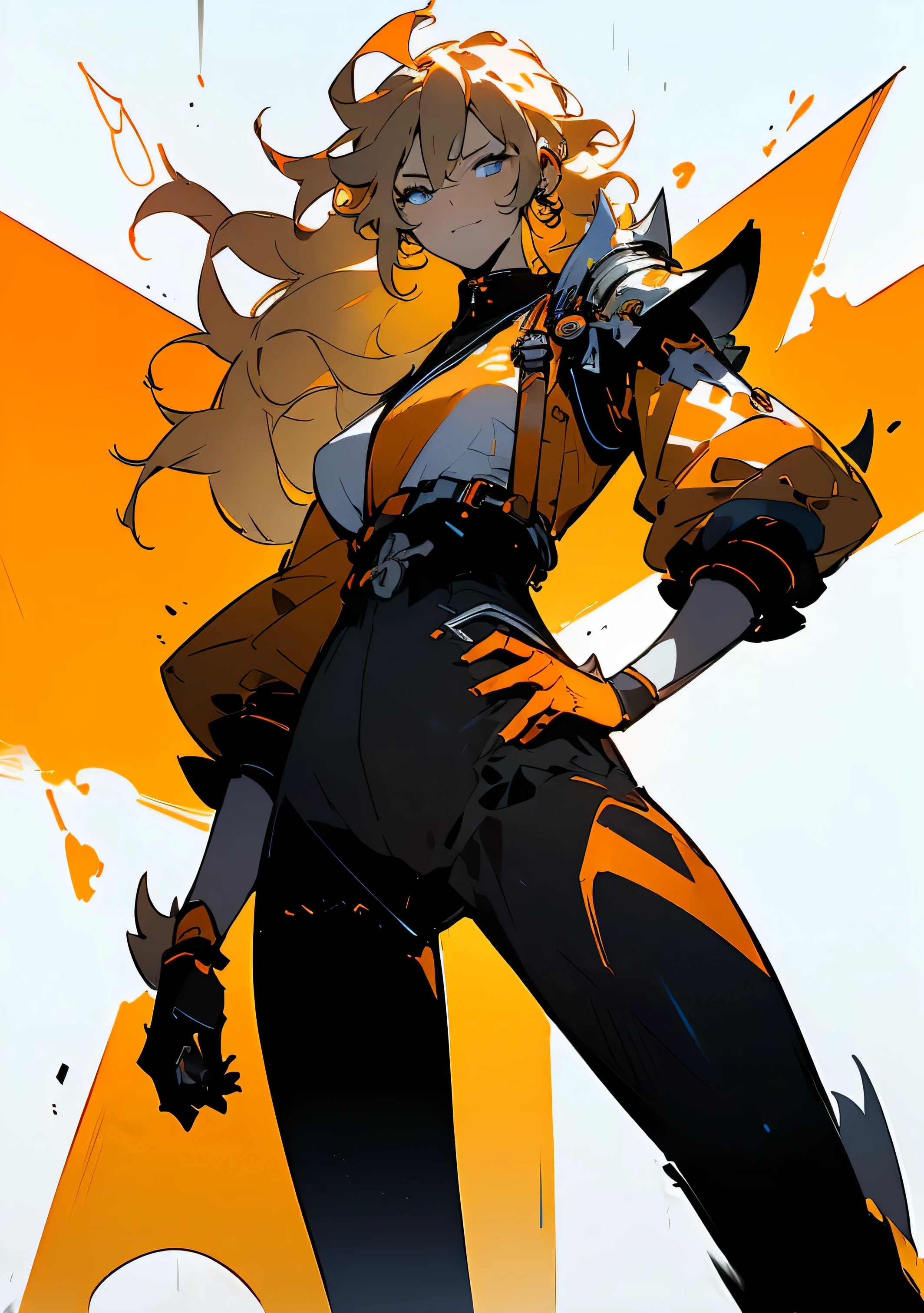 (top-quality、​masterpiece:1.2) 1woman、Adults、(( female、 long orange messy hair、Hair hanging over the ears)) ((White background)) blue eyes 、midly muscular、expressive eyes and nose and mouth、((black white and orange samurai inspired outfit 、black pant)) (One hand is on her hip) (gentle look、 smile)