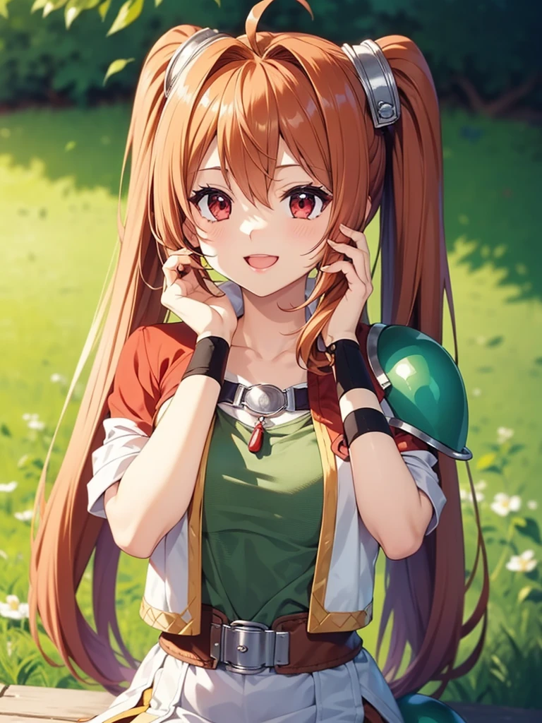 (masutepiece, Best Quality, hight resolution, nffsw, Perfect Pixel, depth of fields, 4K), Beautiful anime girl, Perfect body ,,,scEstelle, cropped jacket, green shoulder pad, tan shirt, (hand in own hair:1.4) , smile , open the mouth, upper body, sitting