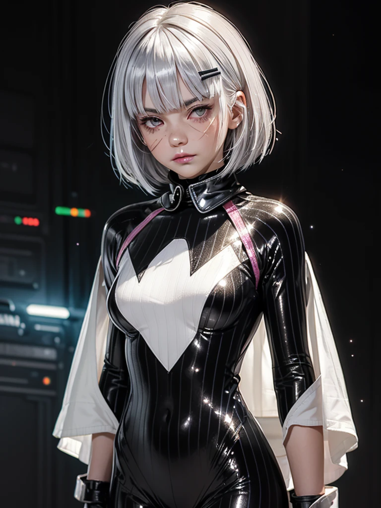 1girl, ((pale white skin)), glowing silver glitter, (((glitter on cheeks))), white hair, white bob, blunt bangs, (grey eyes), bored expression, cybernetic hair clips, ((dark pinstripe bodysuit)), flat chest, small breasts, large ((black sci-fi poncho)), ((gigantic collar, obscured face)), shock gloves, belts, greenscreen background, blank background
