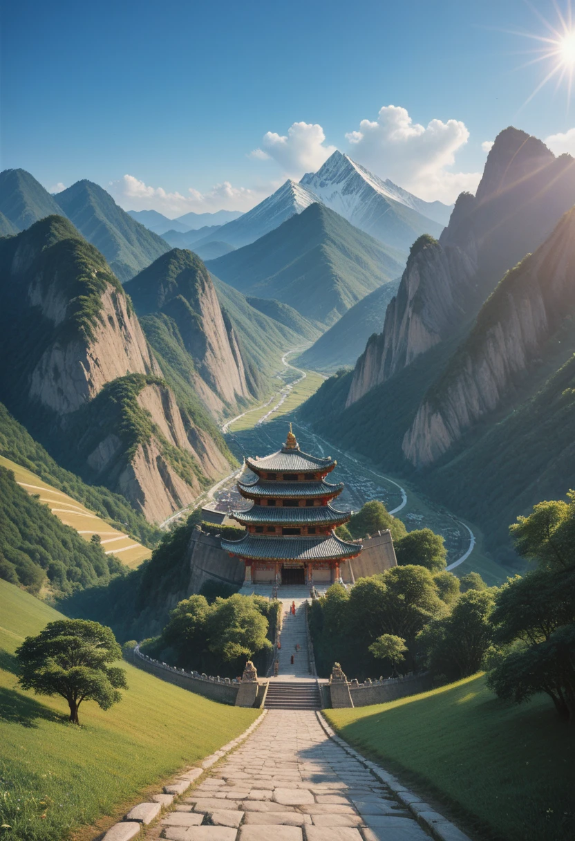  Ancient Chinese landscapes, Mountains, , favorable clouds , sunshine, masterpieces, super detail,  epic scale ,  Ultra high resolution ,  high quality ,  extremely detailed ,  official art, Unique 8K wallpapers , super detail, 32k -- v 6