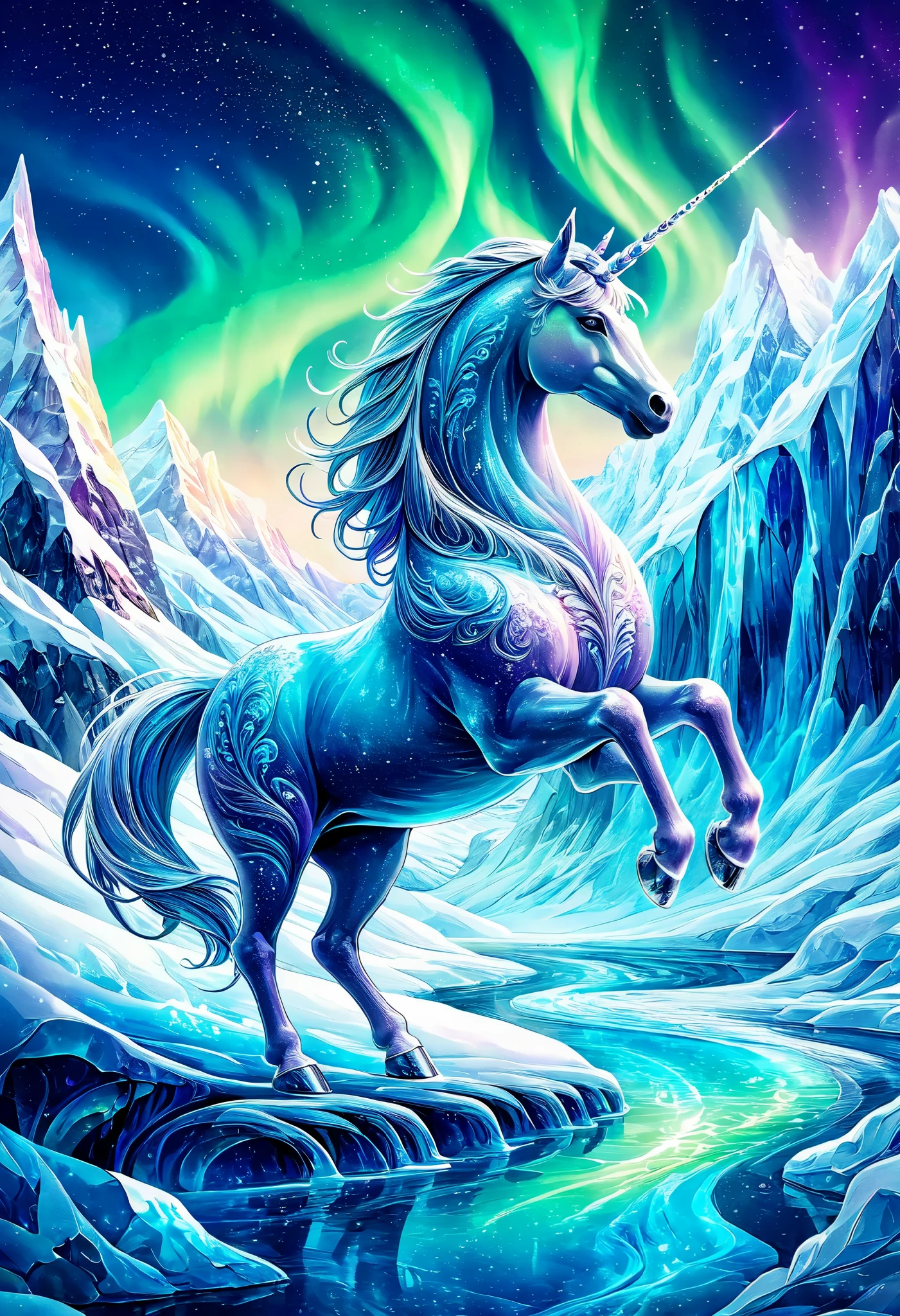 Snow fantasy illustration:1.2, Fantastic Nordic world, Mysterious, pop and fantasy, Lonely unicorn with detailed details stands on a transparent glacier, Glowing glaciers, Frozen earth, Life force, Dreamy and beautiful world, Beautiful shimmering aurora borealis. Aurora Borealis, Energy-filled background, Masterpiece, Best Quality, Ultra high detailes, intricate details, intricate detail texture 