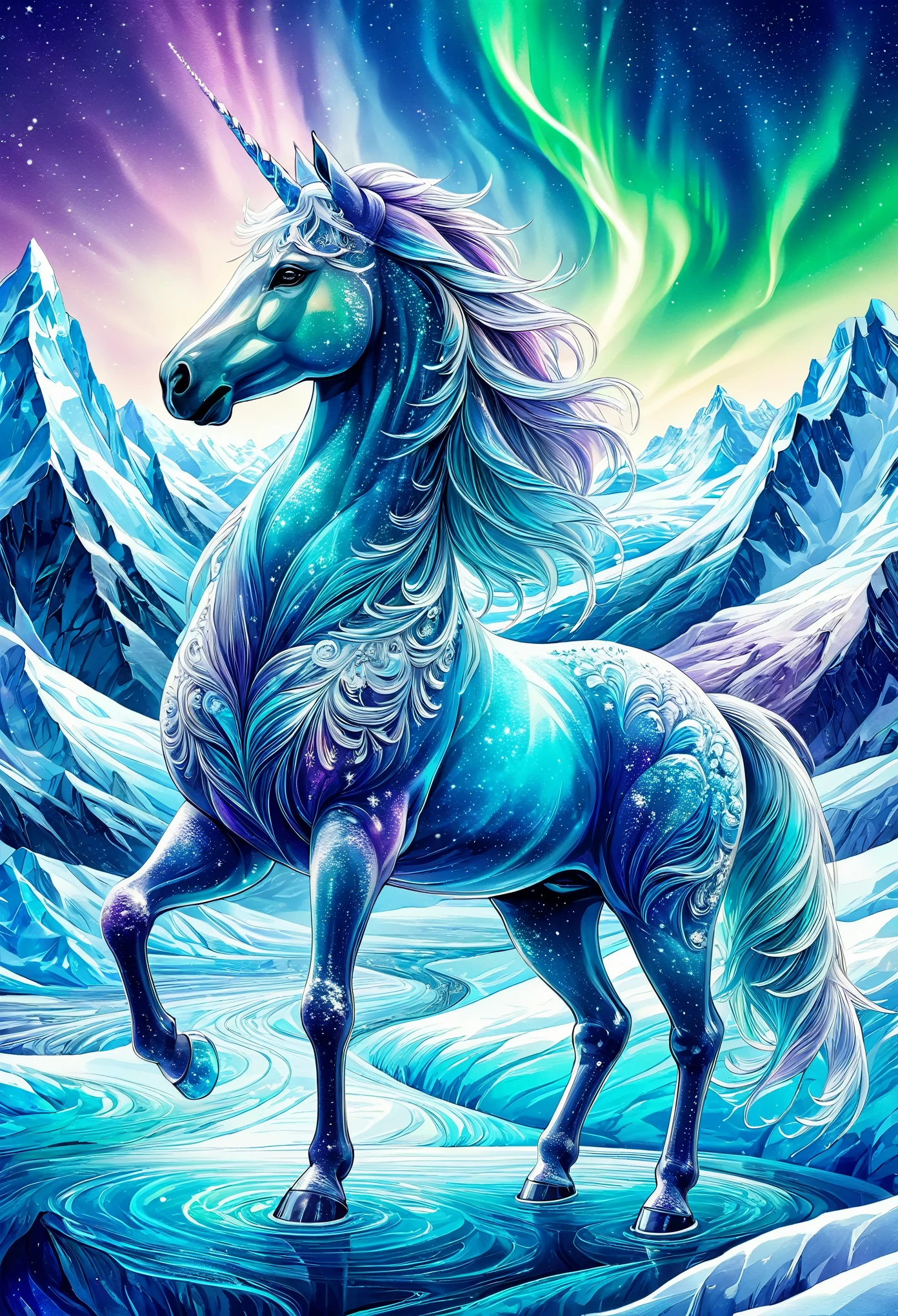 Snow fantasy illustration:1.2, Fantastic Nordic world, Mysterious, pop and fantasy, Lonely unicorn with detailed details stands on a transparent glacier, Glowing glaciers, Frozen earth, Life force, Dreamy and beautiful world, Beautiful shimmering aurora borealis. Aurora Borealis, Energy-filled background, Masterpiece, Best Quality, Ultra high detailes, intricate details, intricate detail texture 