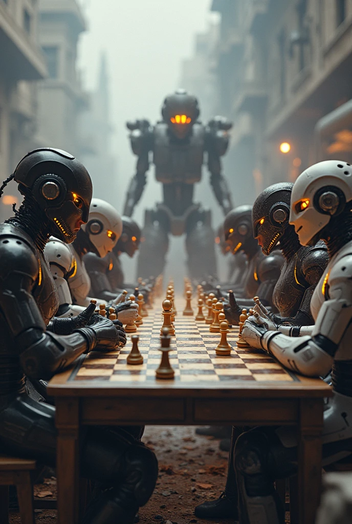 Lets make a war between AI bots and humans, instead of fighting they are playing chess and rock paper scissors, the background looks like a real war 