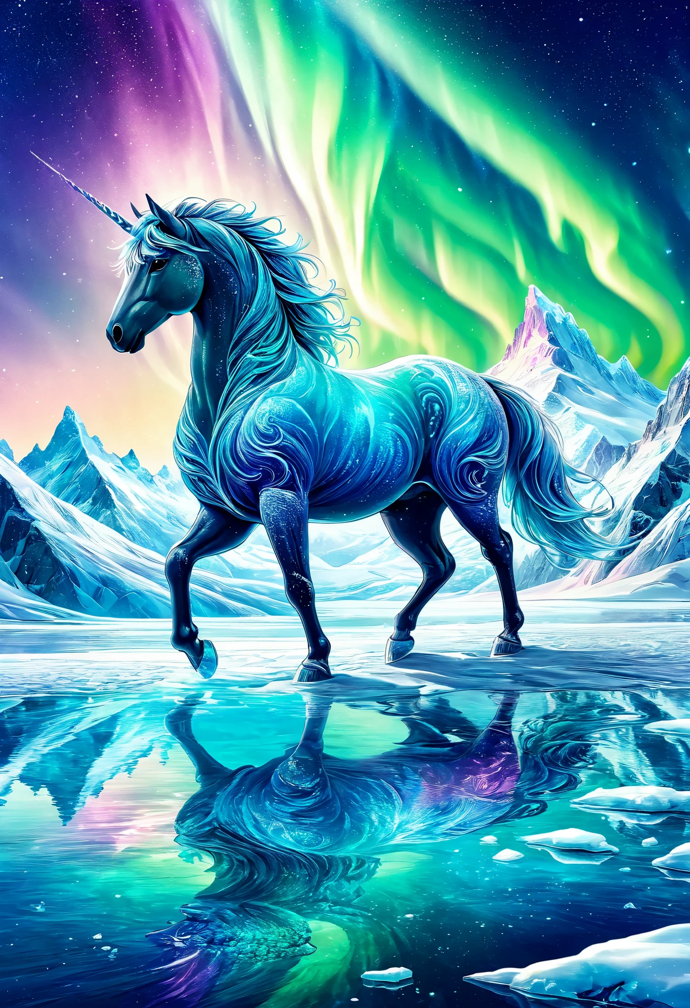 Snow fantasy illustration: 1. 2, Fantastic Nordic world, Mysterious, pop and fantasy, Curtain of aurora borealis all over the sky, Lonely unicorn standing on a transparent glacier, Glowing glaciers, Frozen earth, Life force, Dreamlike Beautiful world, Beautiful shimmering aurora, Energetic background, Masterpiece, Best Quality, Ultra high detailes, Intricate details, Intricate detail texture 