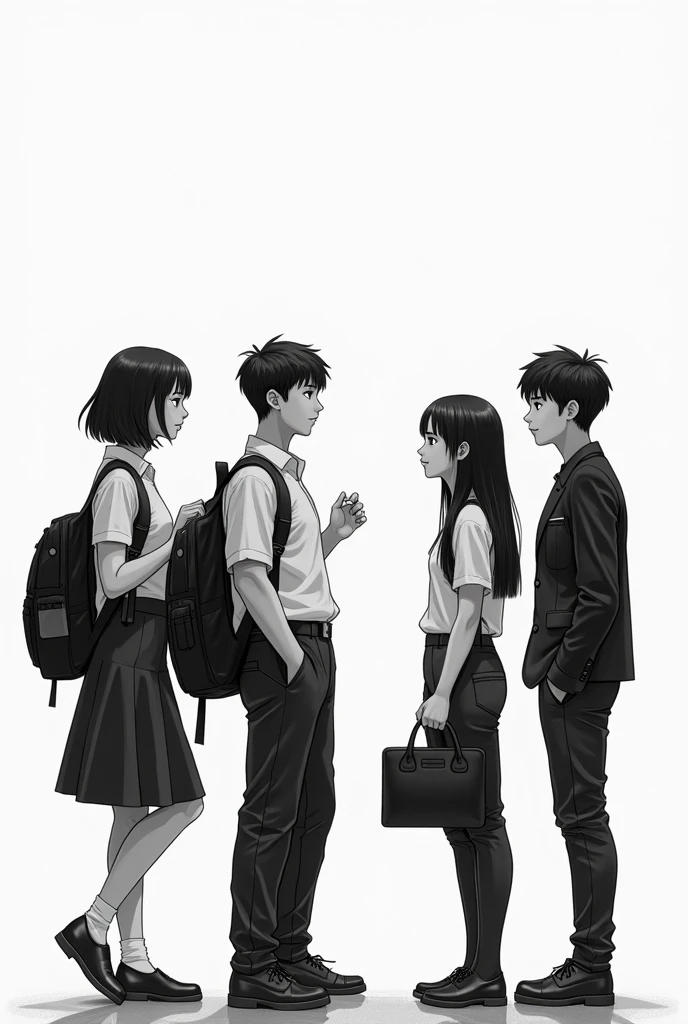 Four individuals, brought together by an unexpected event, stand in a dimly lit room. Each carries a secret that weighs heavily on their conscience. Describe their journey leading up to this moment, and what they plan to do next to confront the truth that binds them together, black and white line illustration