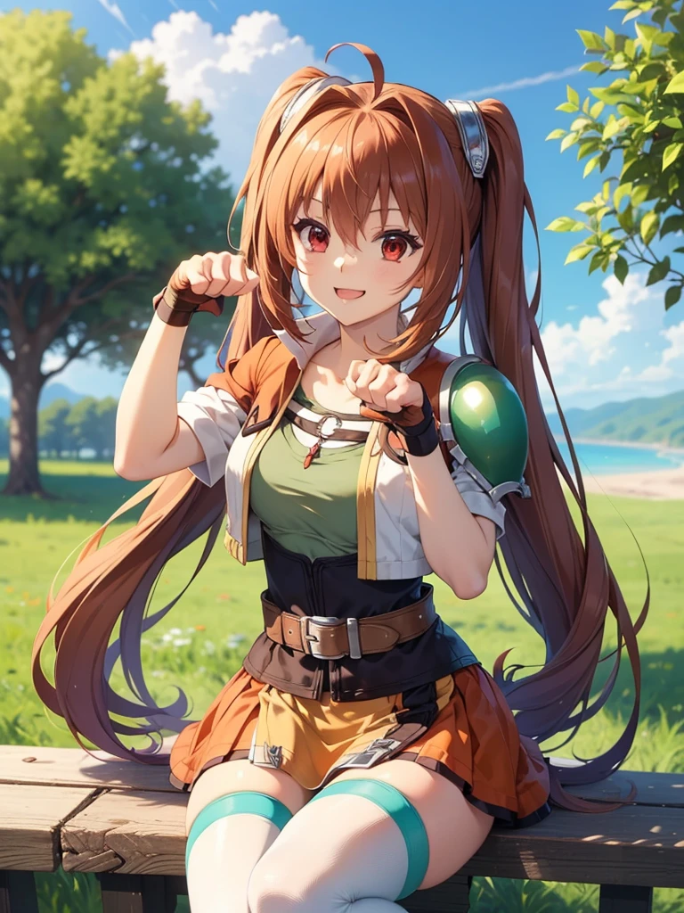 (masutepiece, Best Quality, hight resolution, nffsw, Perfect Pixel, depth of fields, 4K), Beautiful anime girl, Perfect body ,,,scEstelle, cropped jacket, green shoulder pad, tan shirt, orange skirt, belt, white thighhighs,, (paw pose:1.4) , smile , open the mouth, upper body, sitting