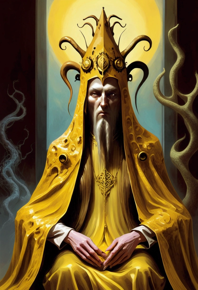 A painting of hastur the king in yellow, yellow-robed, beautiful male ,king in yellow, hastur the king in yellow, , portrait of hastur the king in yellow, the king in yellow,honoring hastur the king in yellow artwork, portrait of the god hastur,hastur,galactic deity, concept art of hastur the king in yellow, peter mohrbacher style,