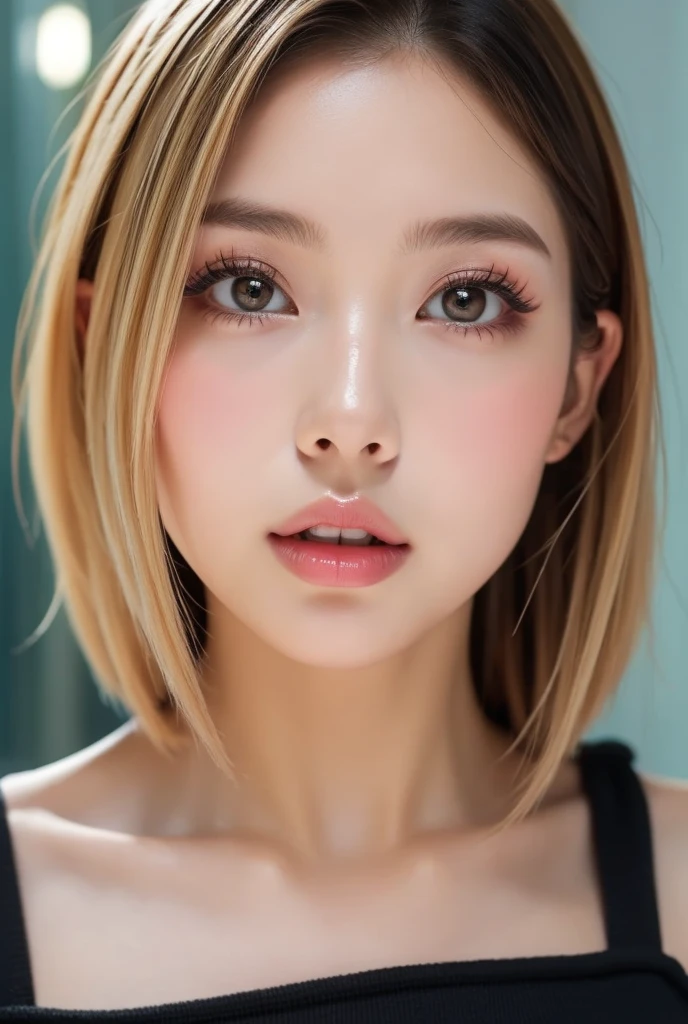 , face close-up ,-yeld gi (cute), (:1.6),Big Mouth , Thick lips,  moist lips  ,  Plump Lips,Lips that shine with lip gloss, pink,  Very detailed, short bob hair, (masterpiece,  side lighting ,   Stylish eye makeup with attention to detail: 1.2) (Perfect oval, Big eyes that stare at the viewer )、Watery eyes、Beautifully detailed face, (  attractive若い女性:1.3), ( attractive:1.1), (:1.1)、Interior lighting