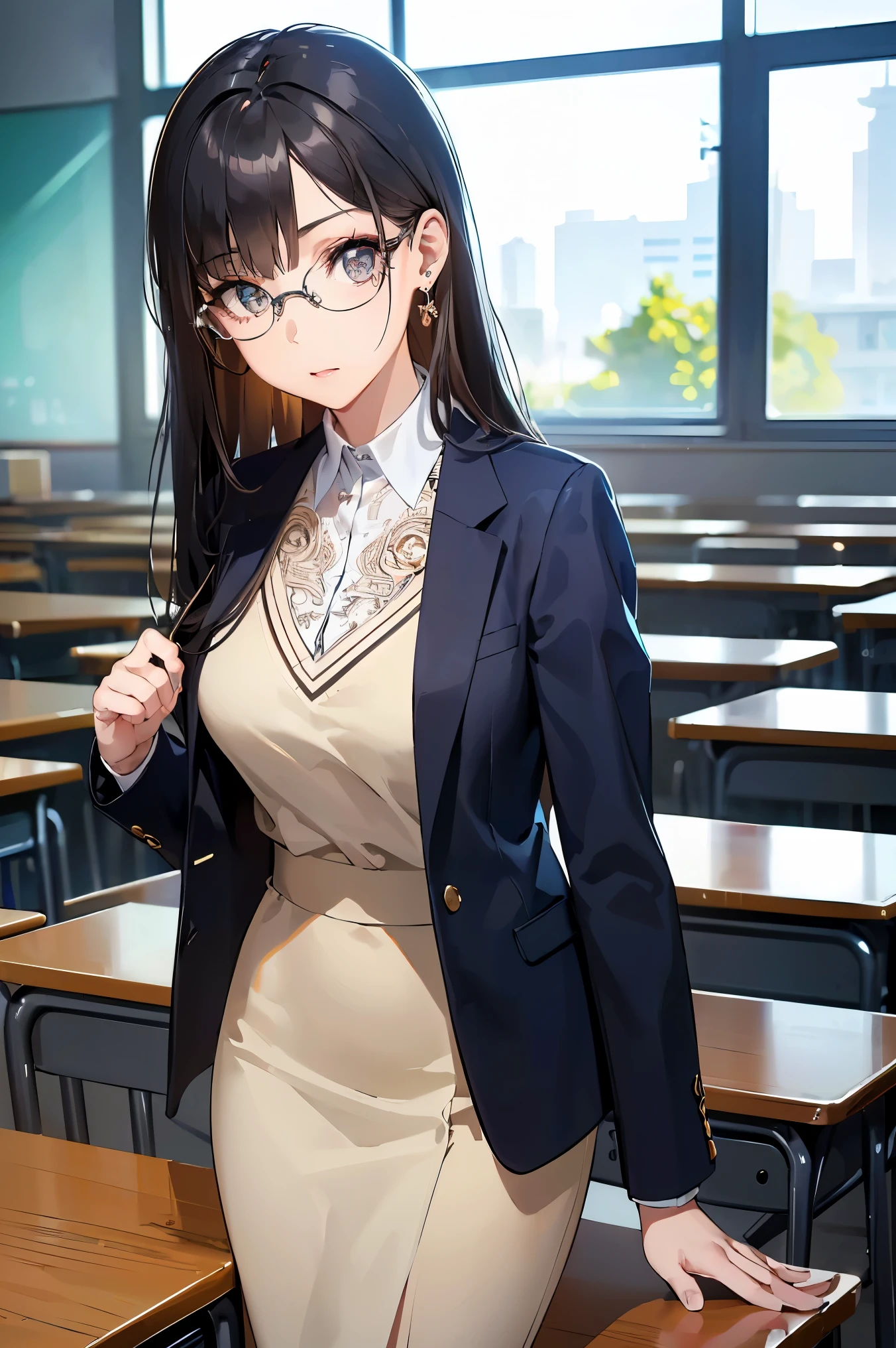 (((Best quality, 8k, Masterpiece: 1.3)), ((best quality)), ((masterpiece)), (detailed), perfect face, perfect body, (detailed skin:1.3), (intricate details), black hair, bangs, hair behind ear, very long hair, jewelry, earrings, masterpiece, textured skin, high details, best quality, Adult woman, high school teacher, wearing a jacket, dark blue suit, white blouse, tight skirt, mature woman, good figure, standing alone in the classroom, in class, eyeglass