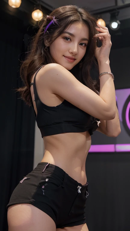 Prompt : A beautiful and cute K-pop idol with long black curly hair, her skin is extremely flawless and bright, wearing a black crop top with a small black bow on her chest, black short pleat, diamond earrings, diamond bracelet, and diamond necklace, is performing a elegant dance on stage with hand raising forward and smiling. The stage background is neon red and purple, extremely closed-up shot, candid shot, side shot, (8k, RAW photo, best quality, masterpiece:1.4),realistic